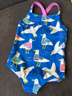 Mini Boden Bright Blue Seagull Print One-Piece Swimsuit with Pink Straps